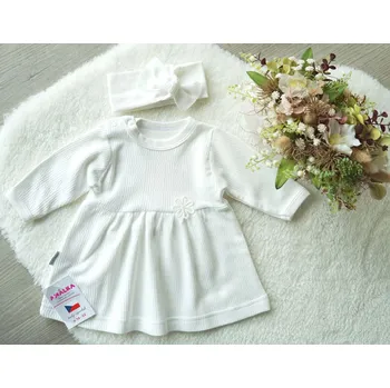 Dívčí šaty AMÁLKA Bavlněné šaty s čelenkou dlouhý rukáv ažurový vzor, smetanové Velikost: 80