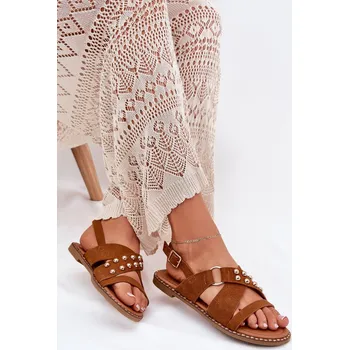 Dámské sandále Dámské Sandály Na Plochém Podpatku Se Zlatými Hřeby Karamel Zanira Barva: Béžová, Velikost: 38