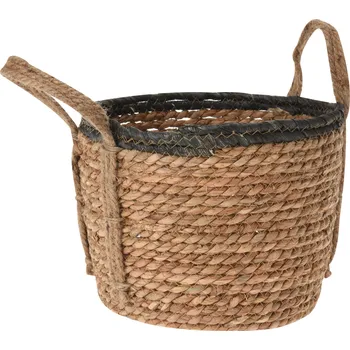 Úložný box H&L Košík z mořské trávy Rona (33x33x27cm) – velký, kulatý s ušima, přírodní/černý