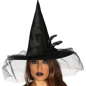 Klobouk ČERNÝ ČARODĚJNICKÝ KLOBOUK SE ZÁVOJEM A TYL
