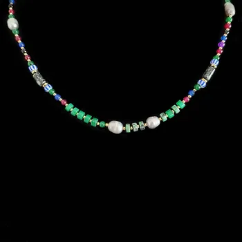 Náhrdelník Originální náhrdelník choker s říčními perlami, barevnými korálky a pozlacenou ocelí č. 1684 (25C35-2)