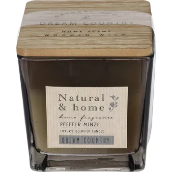 Svíčka H&L Vonná svíčka ve skle, dřevěné víčko,10cm, kouřová, vůně máta peprná