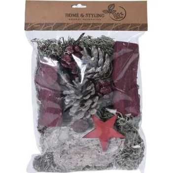 H&L Balíček dekorací, sušený mech, kůra a šišky, červená