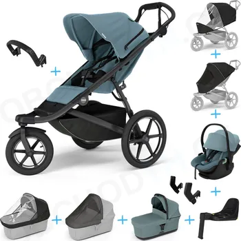 Kočárek Set 10v1 Thule Urban Glide 3 Mid blue s magnetickou sponou + madlo + korbička Mid blue + pláštěnky a moskytiéry Thule + Autosedačka Thule Maple Mid blue s ISOFIX základnou Thule Alfi a adaptéry