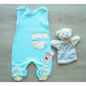 AMÁLKA Bavlněné tyrkysové dupačky, kapsa s krokodýlky Velikost: 56