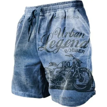 Pánské oblečení Pánské letní prodyšné kraťasy se stahovací šňůrkou Lehký pohodlný materiál Vintage motocyklový potisk Stylové volnočasové šortky na léto tmavě modrá S