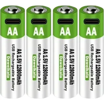 Článková baterie Sada 4ks AA 1,5V USB dobíjecích baterií 12800mAh Li-ion s kabelem typu C pro ovladače, myši, hračky a jiná elektronická zařízení