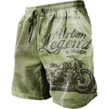 Pánské letní prodyšné kraťasy se stahovací šňůrkou Lehký pohodlný materiál Vintage motocyklový potisk Stylové volnočasové šortky na léto zelená XS