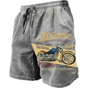 Pánské letní prodyšné kraťasy s old school motocyklovým potiskem Stahovací šňůrka Lehký materiál Veterán styl Pohodlné šortky na léto a volný čas šedá L