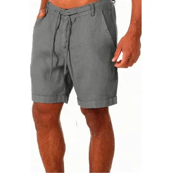 Pánské prodyšné lněné letní kraťasy se stahovací šňůrkou Lehký materiál Volný střih Elegantní a pohodlné kraťasy pro teplé počasí šedá XXS