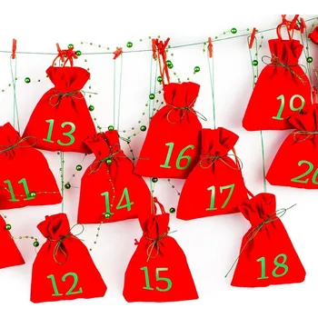 Vánoční dekorace Adventní kalendář, 24 ks sametových sáčků 12 x 15 cm - červená