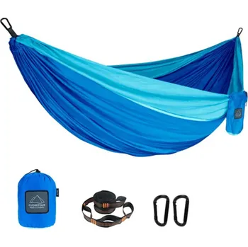 Hamaka Přenosná nylonová houpací síť 300x200 cm Dvoulůžková venkovní kempovací zahradní turistická síť s popruhy a karabinami na zavěšení modrá