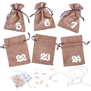 Vánoční dekorace 1 ks. Adventní kalendář - jutové pytlíky 13 x 18 cm - přírodní tmavé + bílá čísla