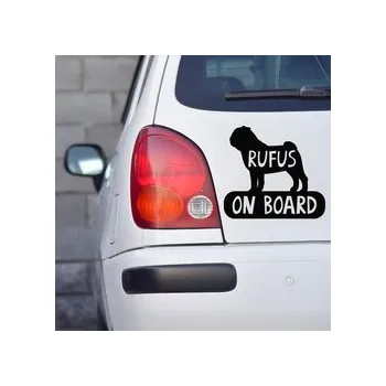 Samolepicí dekorace na vozidlo Samolepka na auto se jménem psa Mops On Board Psiakrew 15 cm