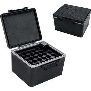 Úložný box Černé pouzdro na baterie 11,3x12,4x7,6 cm Úložný plastový box pro 28x AA baterií Ochranný organizér s víkem pro bezpečné skladování a přenášení