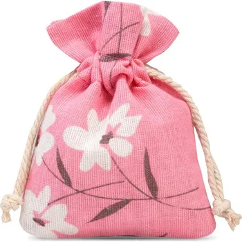Dárková taška 5 ks Pytlíky z imitovaného lnu s potiskem 10 x 13 cm - přírodní / růžové květy