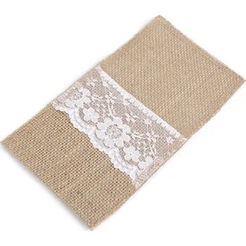 Jutová kapsa na příbory s krajkou 11x20 cm