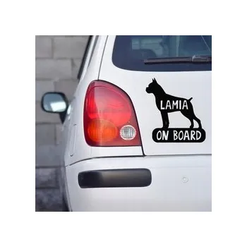 Samolepicí dekorace na vozidlo Samolepka na auto se jménem psa Boxer On Board Psiakrew 15 cm