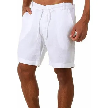 Pánské prodyšné lněné letní kraťasy se stahovací šňůrkou Lehký materiál Volný střih Elegantní a pohodlné kraťasy pro teplé počasí bílá S