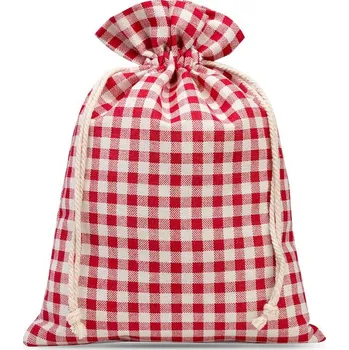 Dárková taška 1 ks Pytel z imitace lnu s potiskem 30 x 40 cm - přírodní / červená mřížka