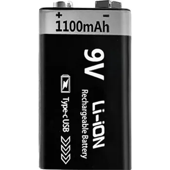 Článková baterie Dobíjecí baterie 9V 1100mAh Li-ion 6F22 s konektorem typu C pro RC modely, hračky, multimetry a elektroniku s vysokou spotřebou energie