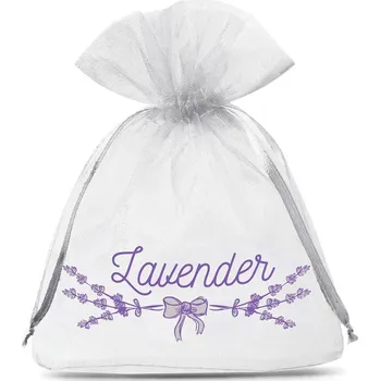 Dárková taška 10 ks Organza sáčky 10 x 13 cm - bíle s potiskem (levandule)