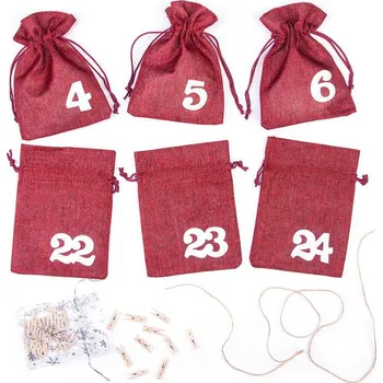 Vánoční dekorace 1 ks. Adventní kalendář jutové sáčky 13 cm x 18 cm - bordové + bílá čísla