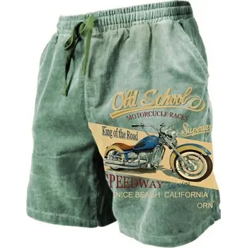 Pánské letní prodyšné kraťasy s old school motocyklovým potiskem Stahovací šňůrka Lehký materiál Veterán styl Pohodlné šortky na léto a volný čas zelená L