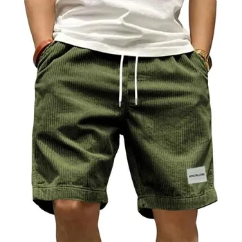 Pánské manšestrové kraťasy Retro styl Ležérní prodyšné kraťasy se stahovací šňůrkou Elastický pas Délka ke kolenům Pohodlný střih zelená L