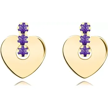 Náušnice Zlaté náušnice 14K srdce a svislá linie fialových zirkonů