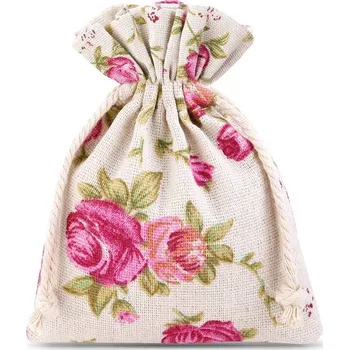 Sáček na potraviny 10 ks Pytlíky z imitovaného lnu s potiskem 11 x 14 cm - přirozené / růže