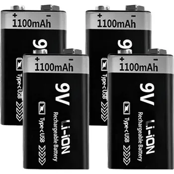 Článková baterie 4ks 9V dobíjecí baterie 1100mAh Li-ion s USB-C 6F22 pro hračky, RC modely, multimetrové přístroje, detektory a domácí elektroniku