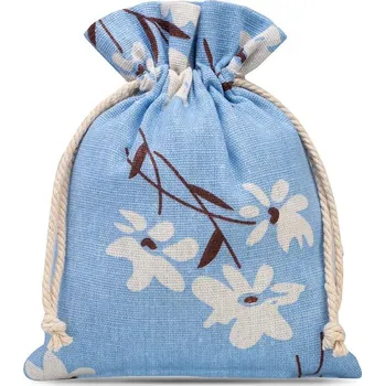 Dárková taška 3 ks Pytlíky z imitovaného lnu s potiskem 13 x 18 cm -přírodní / modré květy
