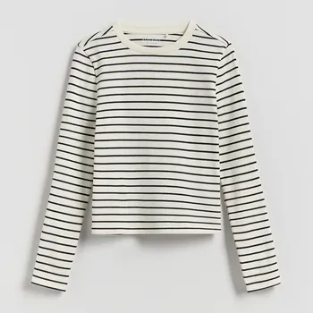 Dětská móda Reserved - Pruhované tričko s&nbsp;dlouhými rukávy - krémová - 341FT-01X - 341FT-01X-U13