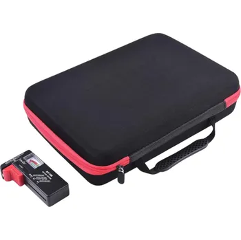 Úložný box na baterie s testerem Černý plastový organizér na baterie různých typů Praktický držák pro přehledné skladování a kontrolu stavu