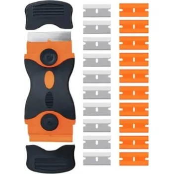 Nářadí pro automobil Škrabka s vyměnitelnými čepelemi na fólie a lepidla 11,5x4,5 cm Plastová i kovová čepel na okna, keramiku a autosklo, 20 náhradních čepelí