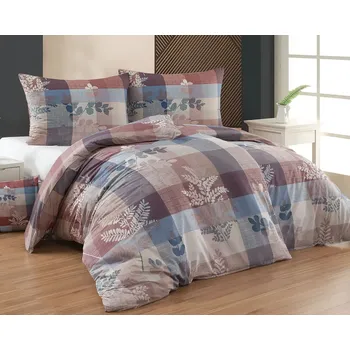 Bytový textil Povlečení Matějovský CARLO, rostlinky na béžovo-modrém káru, bavlna hladká, digitál, 140x220cm + 70x90cm