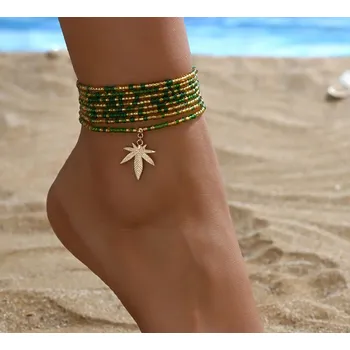 Řetízek B-TOP Sada 2 korálkových dlouhých řetízků na nohu se zlatým listem