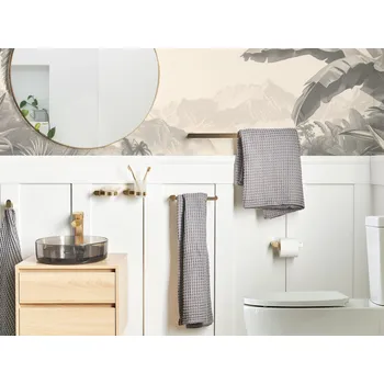 Sada koupelnových doplňků 6dílná sada koupelnového příslušenství zlatá lesklá hliník pohár a mýdlenka Koupelnové doplňky minimalistický styl elegantní Beliani