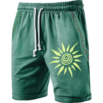 Pánské kraťasy Pánské letní prodyšné kraťasy s potiskem slunce Lehký materiál Pohodlný střih Stahovací šňůrka Ideální na horké dny Volnočasové nošení zelená XXS