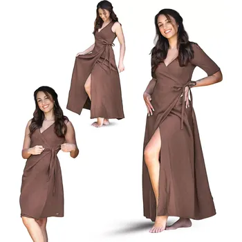 Dámské šaty ESITO | Dámské mušelínové zavinovací šaty Ellena Brown - hnědá / 38 - krátké / Krátký rukáv
