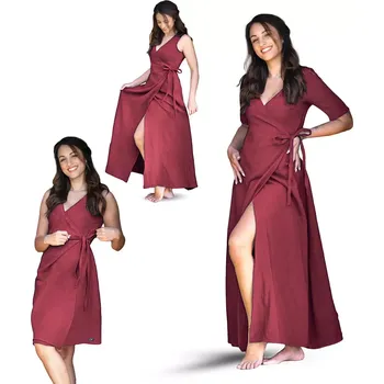 Dámské šaty ESITO | Dámské mušelínové zavinovací šaty Ellena Ruby red - rubínová / 38 - krátké / Krátký rukáv