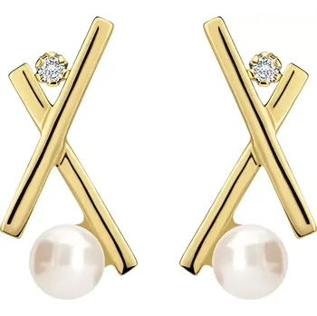 Náušnice Zlaté náušnice 14K kultivované perly a kubické zirkony ve zkřížených liniích