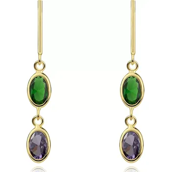 Náušnice Náušnice ze 14K zlata s oválnými zirkony v zelené a fialové barvě