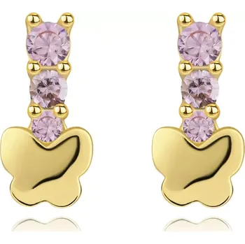 Náušnice Zlaté náušnice 14K motýl a růžový zirkon v řadě