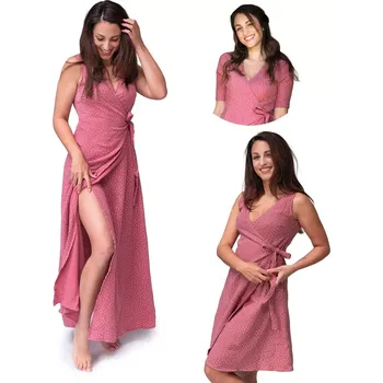 Dámské šaty ESITO | Dámské mušelínové zavinovací šaty Ellena Ruby DOT - rubínová / 40 - krátké / Krátký rukáv