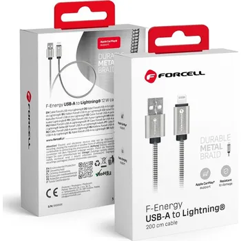 Datový kabel F-ENERGY Metal C236 kabel USB A na Lightning 2,4A 12W 2 m stříbrný