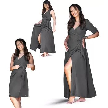 Dámské šaty ESITO | Dámské mušelínové zavinovací šaty Ellena Antracite - antracitová / 36 - dlouhé / Bez rukávu