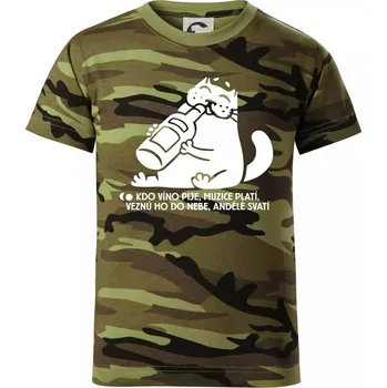 Kdo víno pije a muzice platí - Dětské maskáčové triko - 122 cm/6 let ( Zelený maskáč )