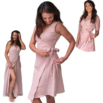 Dámské šaty ESITO | Dámské mušelínové zavinovací šaty Ellena Powder pink - pudrová / 44 - krátké / Krátký rukáv